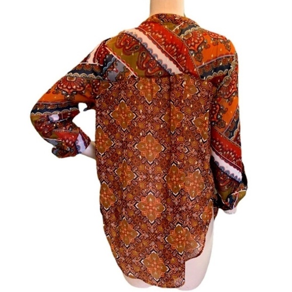 Figueroa & Flower Sheer BOHO Button Front Tunic Blouse Sz L Gold Accents #256L - Picture 3 of 7